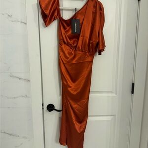 PrettyLittleThing Rust Satin Midi Dress
